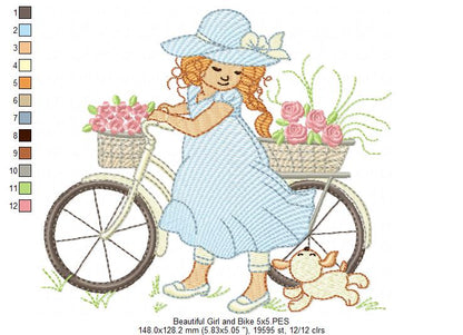 Beautiful Girl, Bike and Dog - Rippled Stitch - Machine Embroidery Design