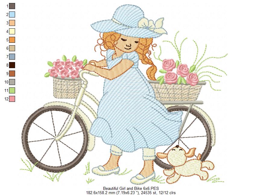 Beautiful Girl, Bike and Dog - Rippled Stitch - Machine Embroidery Design