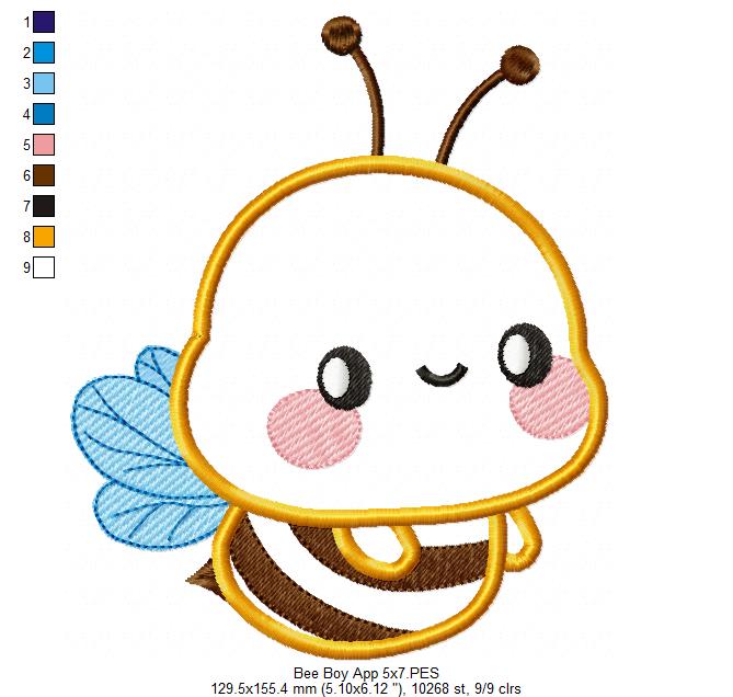 Cute Bumble Bee Boy - Applique - Machine Embroidery Design