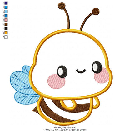 Cute Bumble Bee Boy - Applique - Machine Embroidery Design