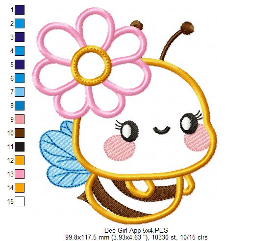 Cute Bumble Bee Girl - Applique - Machine Embroidery Design