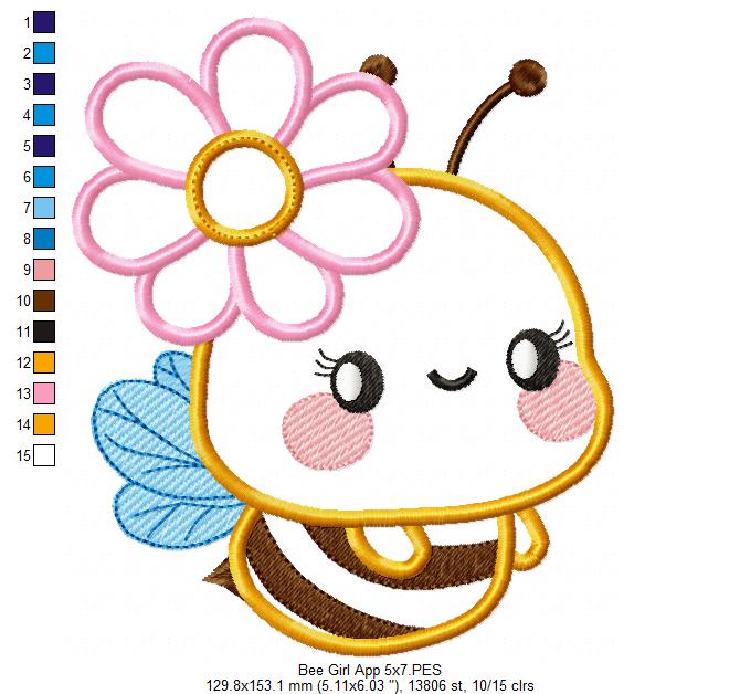 Cute Bumble Bee Girl - Applique - Machine Embroidery Design