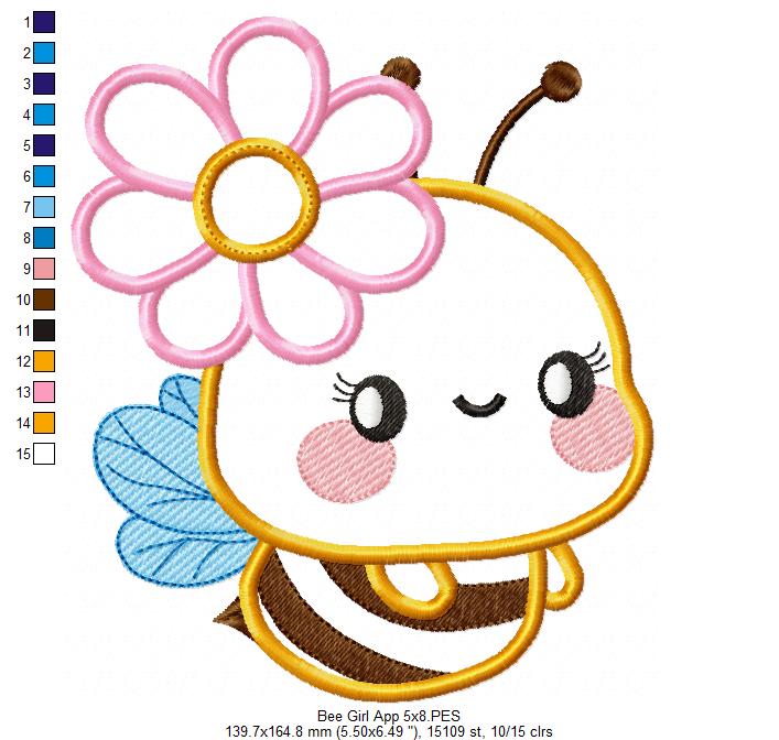 Cute Bumble Bee Girl - Applique - Machine Embroidery Design