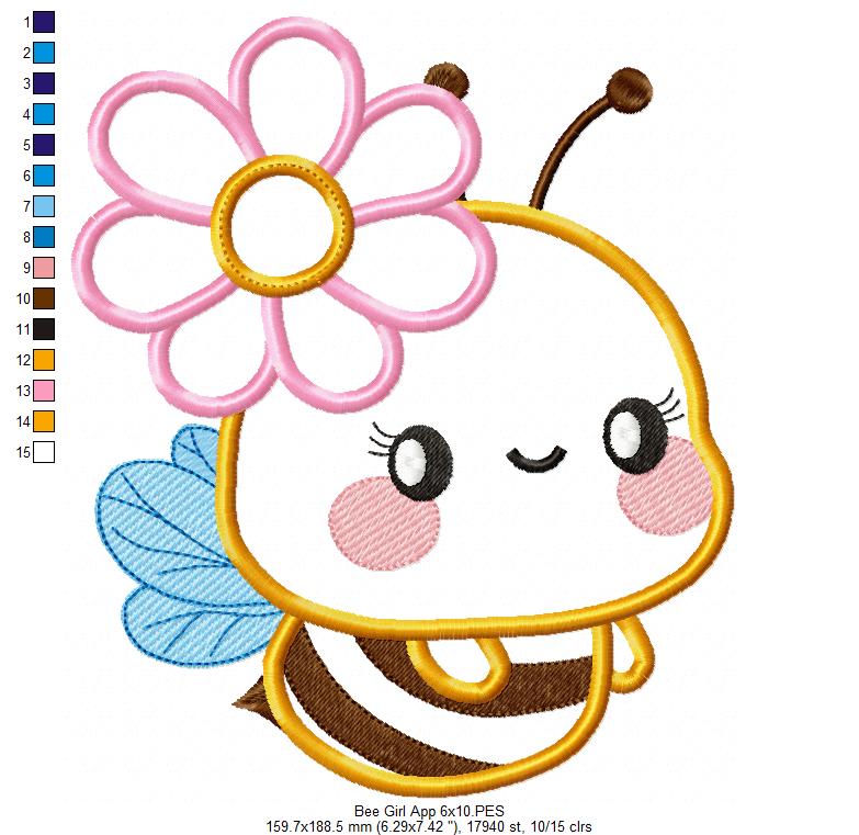 Cute Bumble Bee Girl - Applique - Machine Embroidery Design