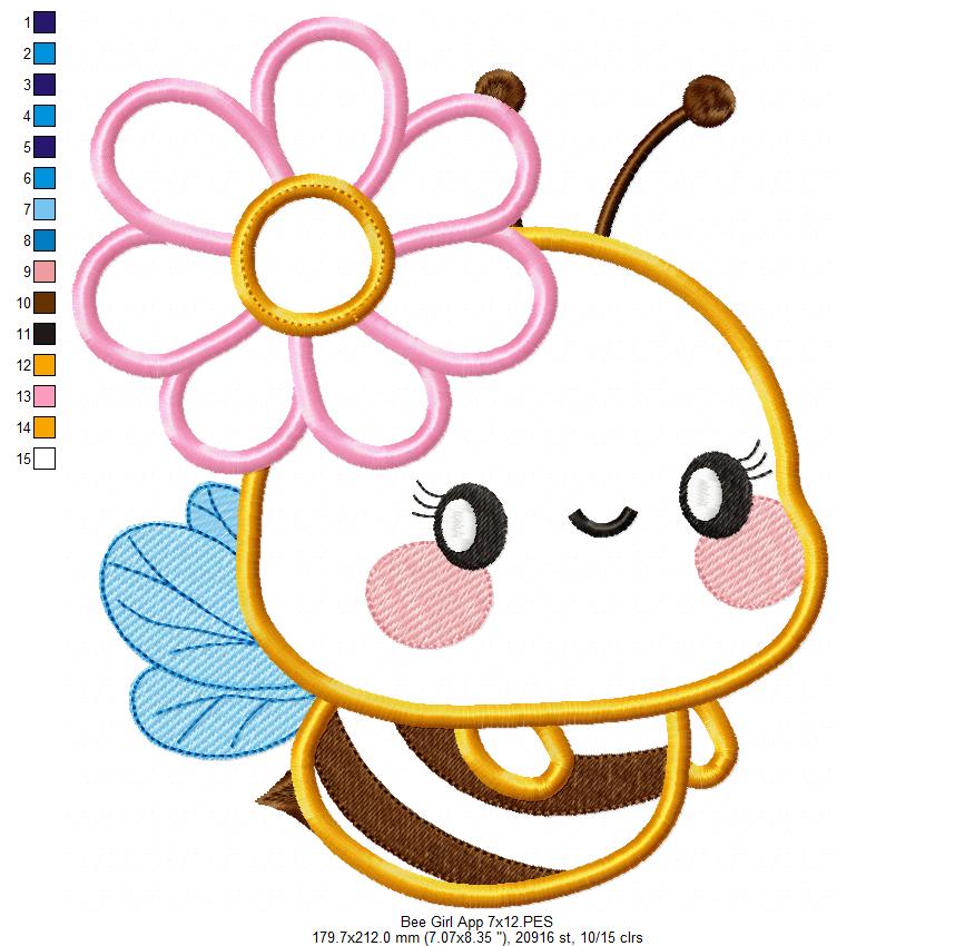 Cute Bumble Bee Girl - Applique - Machine Embroidery Design