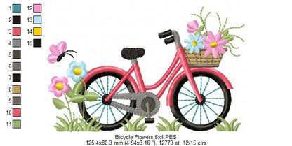 Bicycle and Flowers - Fill Stitch - Machine Embroidery Design