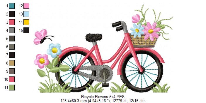 Bicycle and Flowers - Fill Stitch - Machine Embroidery Design