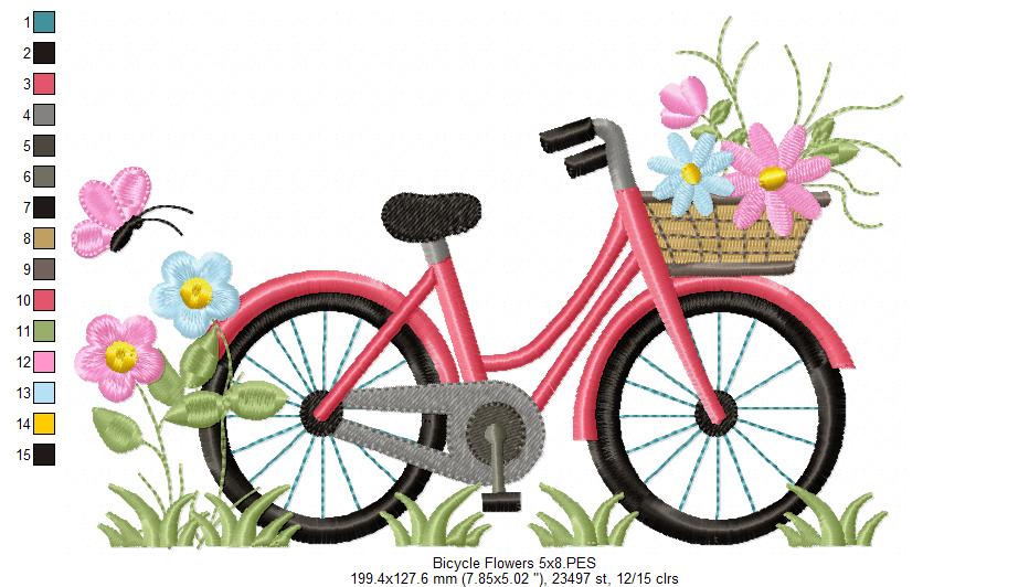 Bicycle and Flowers - Fill Stitch - Machine Embroidery Design