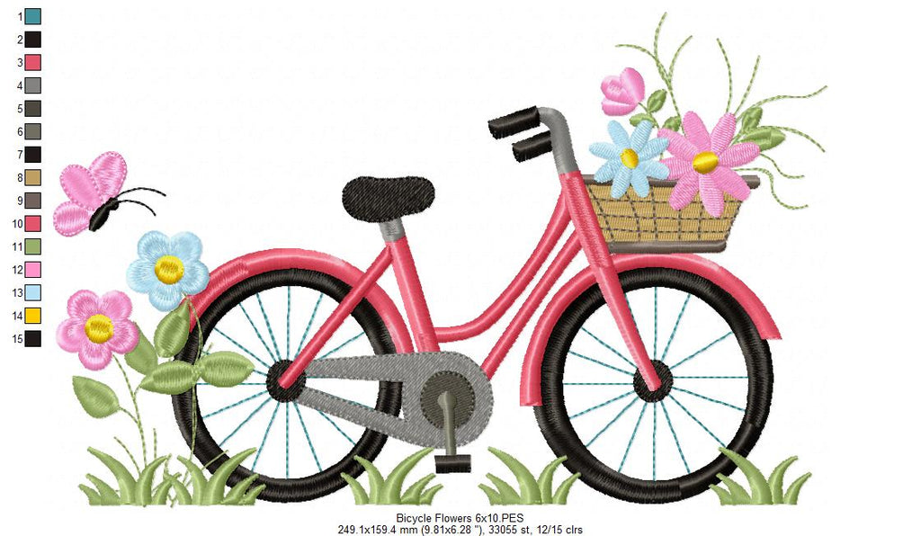 Bicycle and Flowers - Fill Stitch - Machine Embroidery Design