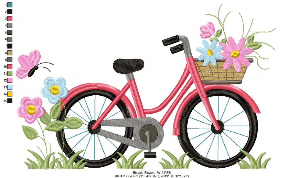 Bicycle and Flowers - Fill Stitch - Machine Embroidery Design