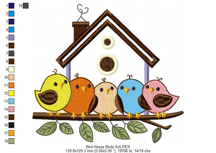 Birds and Bird House - Applique - Machine Embroidery Design