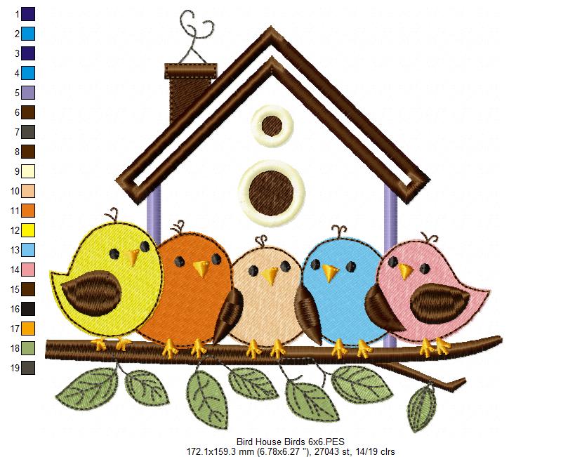 Birds and Bird House - Applique - Machine Embroidery Design