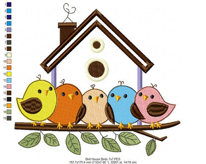 Birds and Bird House - Applique - Machine Embroidery Design