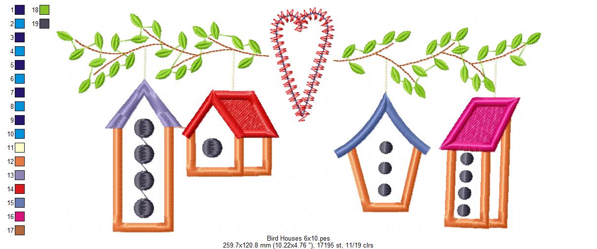 Bird Houses - Applique - Machine Embroidery Design