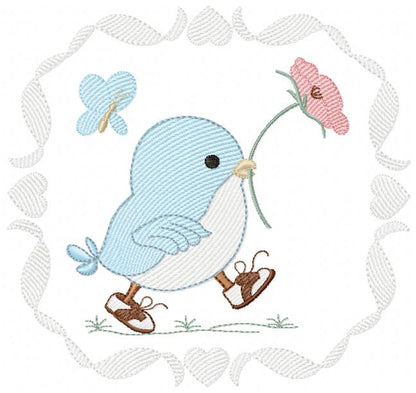 Cute Bird with Shoes and a Flower - Fill Stitch