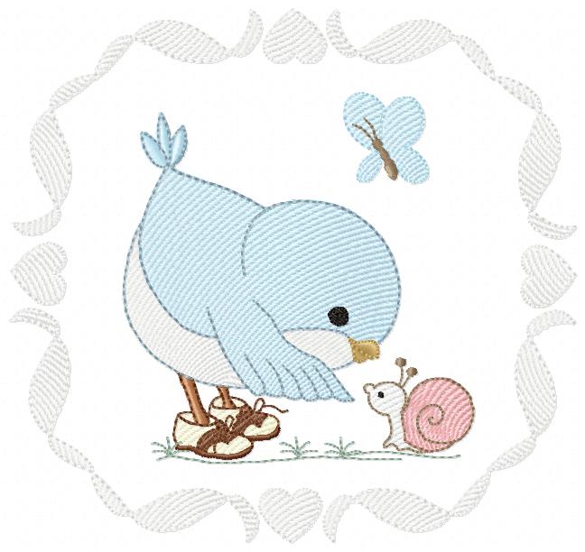 Cute Bird with Shoes and a Snail - Fill Stitch
