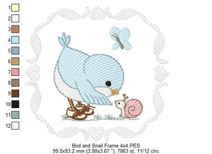 Cute Bird with Shoes and a Snail - Fill Stitch