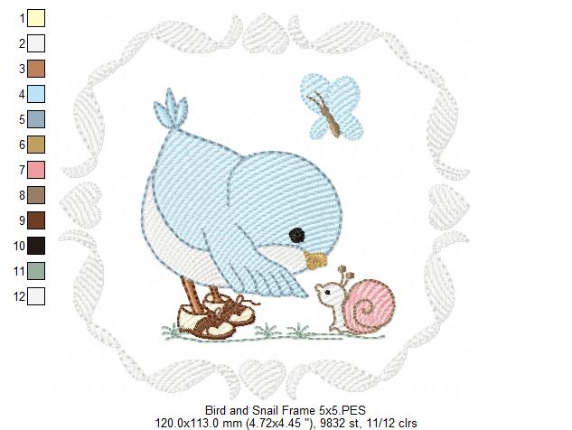 Cute Bird with Shoes and a Snail - Fill Stitch