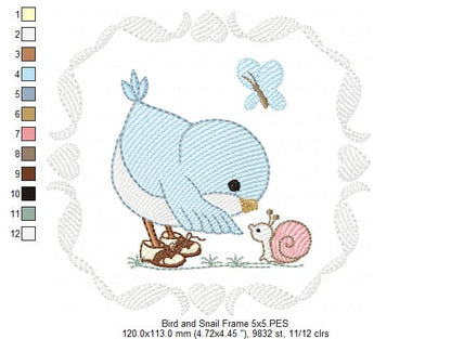 Cute Bird with Shoes and a Snail - Fill Stitch