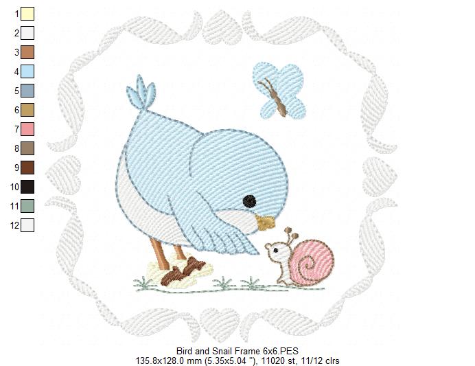 Cute Bird with Shoes and a Snail - Fill Stitch