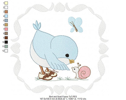 Cute Bird with Shoes and a Snail - Fill Stitch
