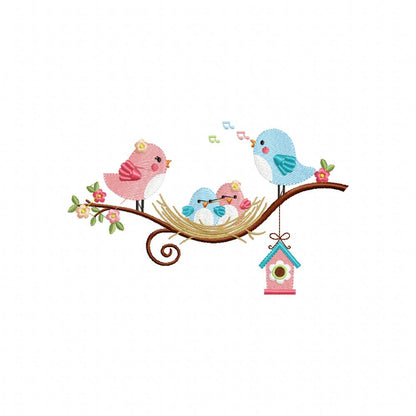 Family of Birds on the Branch - Fill Stitch - Machine Embroidery Design