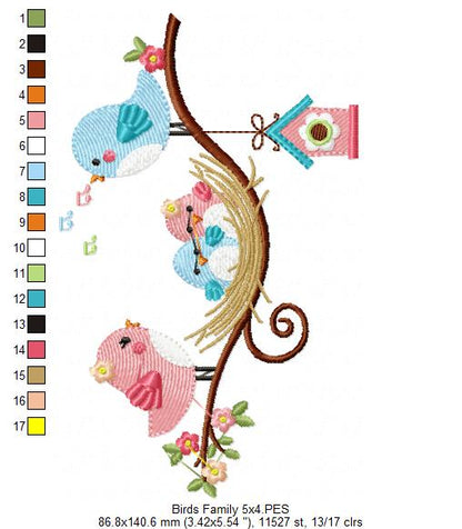 Family of Birds on the Branch - Fill Stitch - Machine Embroidery Design