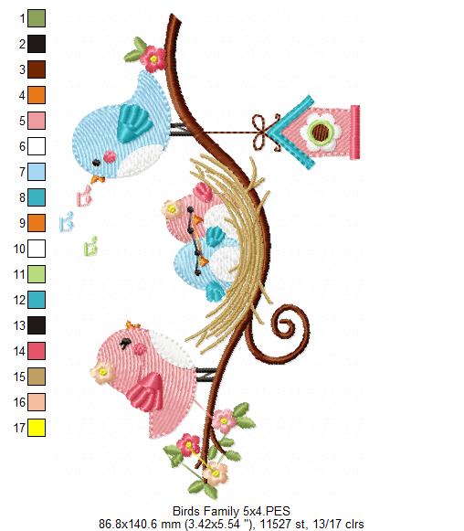 Family of Birds on the Branch - Fill Stitch - Machine Embroidery Design