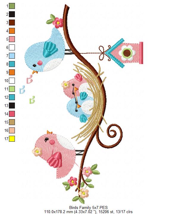 Family of Birds on the Branch - Fill Stitch - Machine Embroidery Design