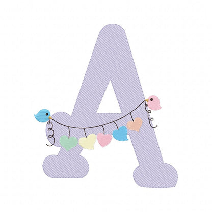 Monogram A Letter A Birds and Hearts - Rippled Stitch Embroidery