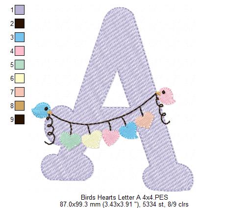 Monogram A Letter A Birds and Hearts - Rippled Stitch Embroidery