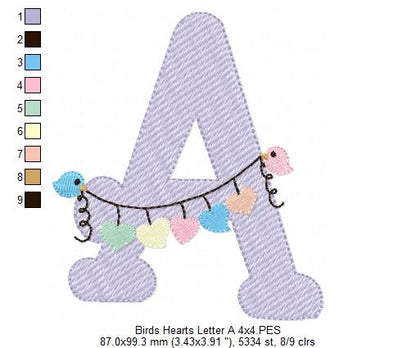 Monogram A Letter A Birds and Hearts - Rippled Stitch Embroidery