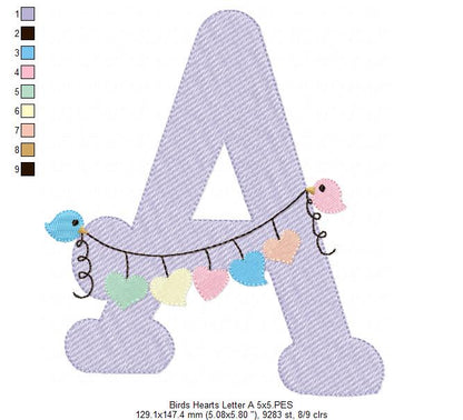 Monogram A Letter A Birds and Hearts - Rippled Stitch Embroidery