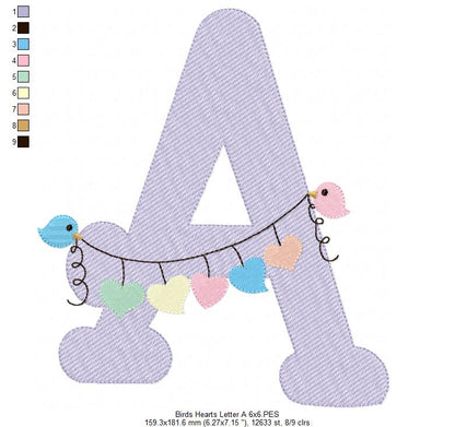Monogram A Letter A Birds and Hearts - Rippled Stitch Embroidery