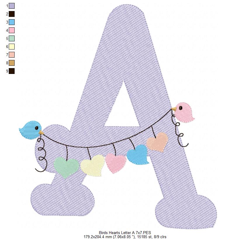 Monogram A Letter A Birds and Hearts - Rippled Stitch Embroidery