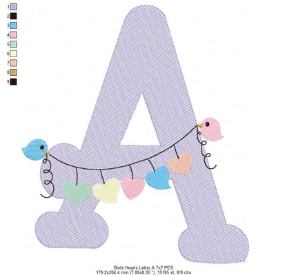 Monogram A Letter A Birds and Hearts - Rippled Stitch Embroidery