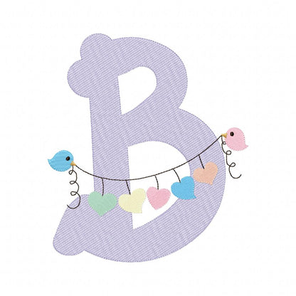 Monogram B Letter B Birds and Hearts - Rippled Stitch Embroidery