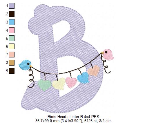 Monogram B Letter B Birds and Hearts - Rippled Stitch Embroidery