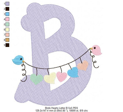 Monogram B Letter B Birds and Hearts - Rippled Stitch Embroidery