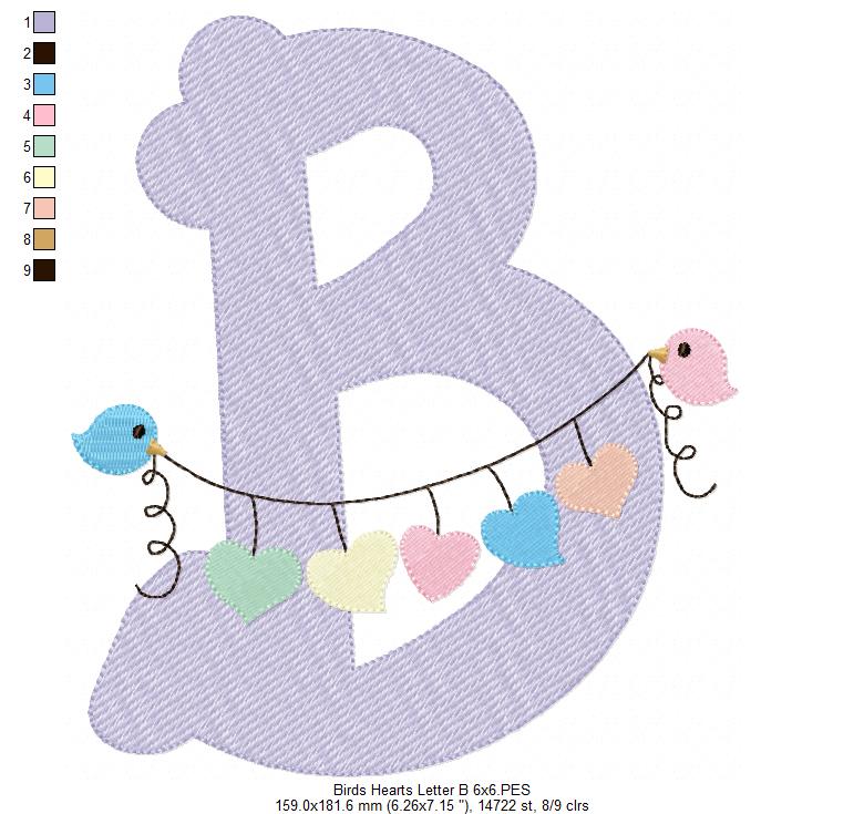 Monogram B Letter B Birds and Hearts - Rippled Stitch Embroidery