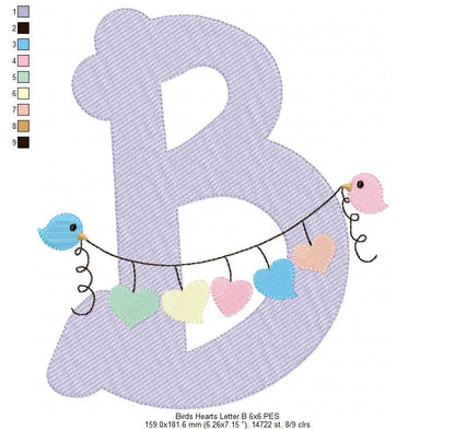 Monogram B Letter B Birds and Hearts - Rippled Stitch Embroidery