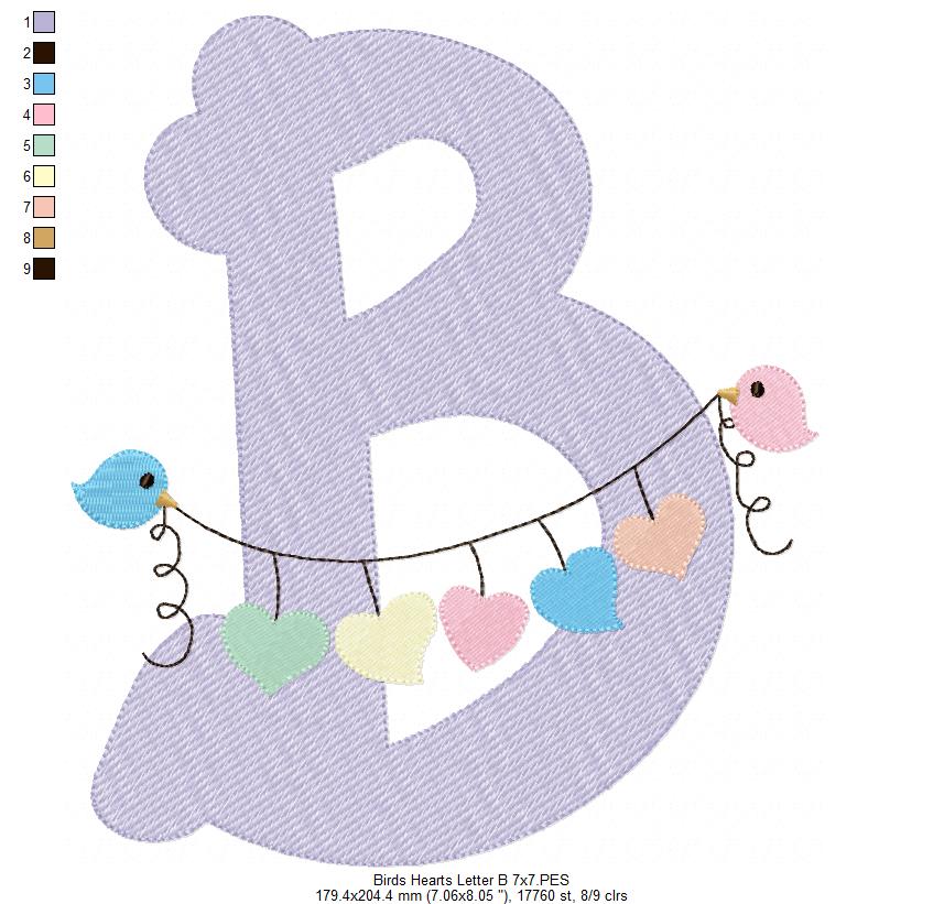 Monogram B Letter B Birds and Hearts - Rippled Stitch Embroidery