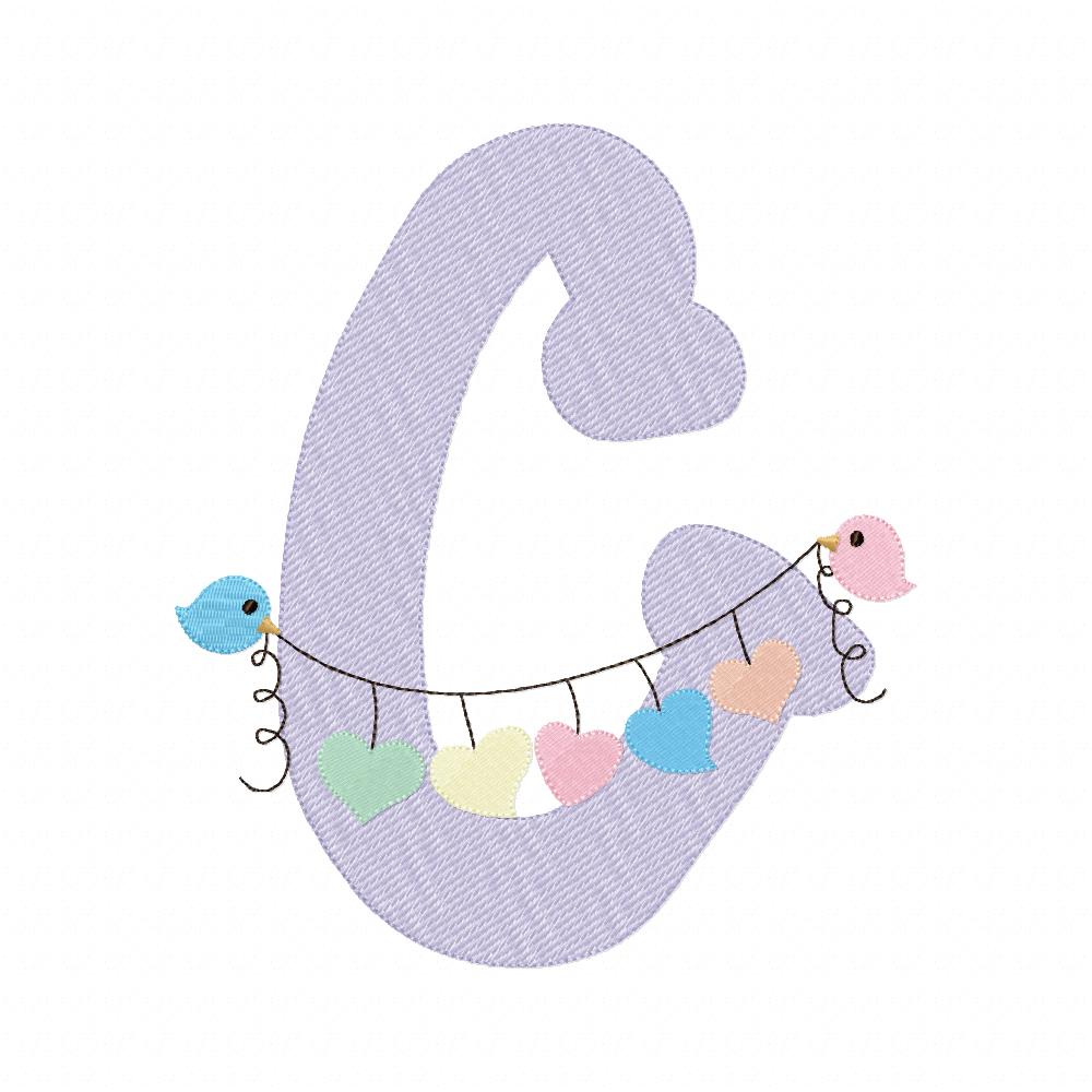 Monogram C Letter C Birds and Hearts - Rippled Stitch Embroidery