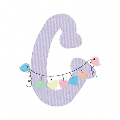 Monogram C Letter C Birds and Hearts - Rippled Stitch Embroidery