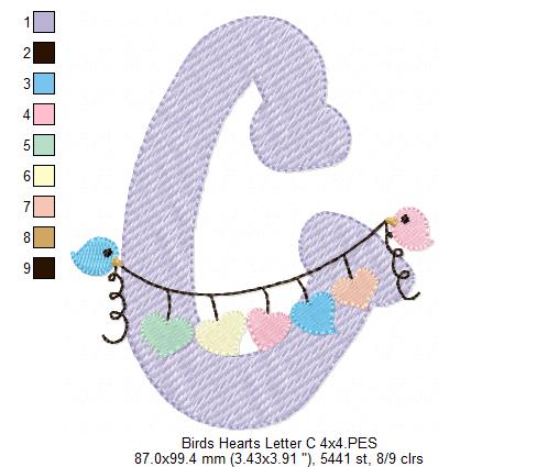 Monogram C Letter C Birds and Hearts - Rippled Stitch Embroidery