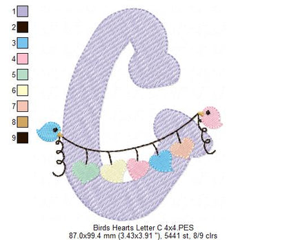 Monogram C Letter C Birds and Hearts - Rippled Stitch Embroidery