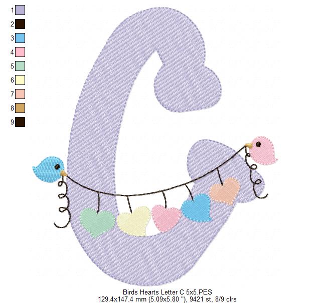 Monogram C Letter C Birds and Hearts - Rippled Stitch Embroidery