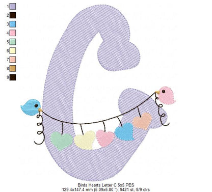 Monogram C Letter C Birds and Hearts - Rippled Stitch Embroidery