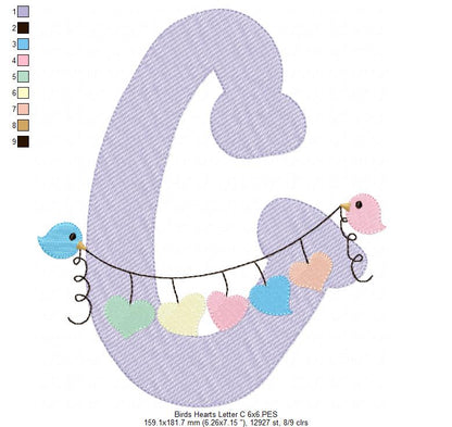 Monogram C Letter C Birds and Hearts - Rippled Stitch Embroidery
