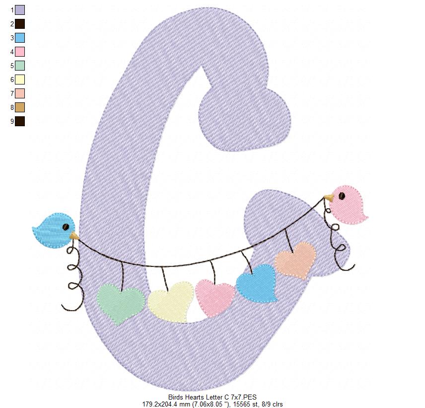 Monogram C Letter C Birds and Hearts - Rippled Stitch Embroidery